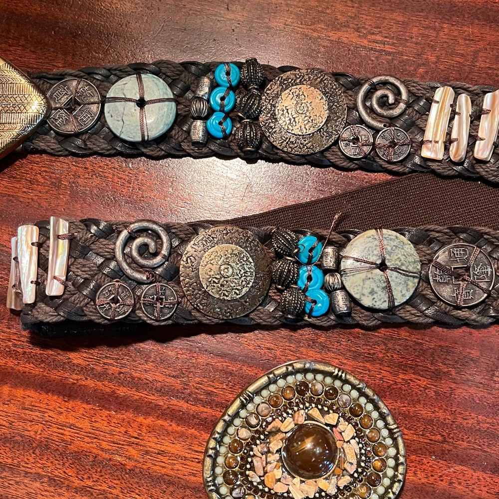 26” art crafted belt and buckle with brown, copper, turquoise colors